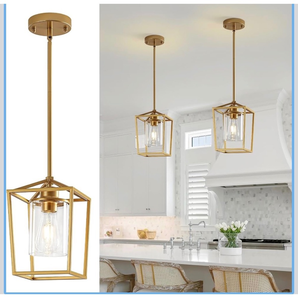 Farmhouse Pendant Light Set of 2 Gold Lantern Kitchen Island D1826-01-GD New